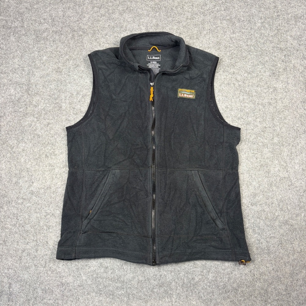 LL Bean Mens Fleece Vest Black Full Zip Katahdin Logo 504672 Small Regular